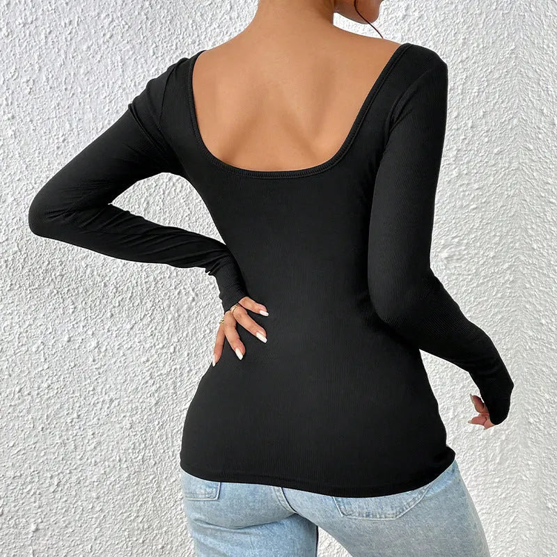 Black knitted slim-fit square neck backless long-sleeved top for women, front view