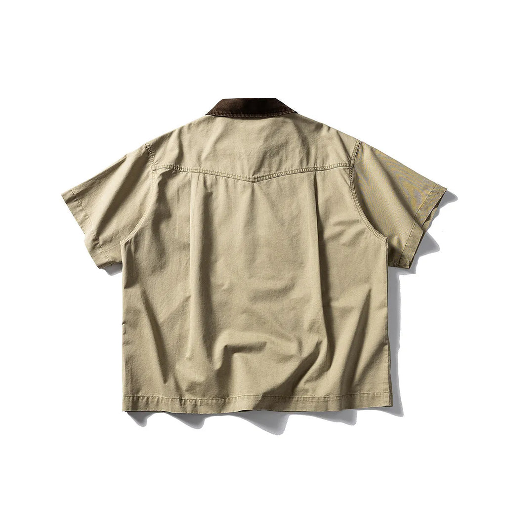 Washed cotton overalls shirt with short sleeves in khaki colour, loose fit for teenage casual wear