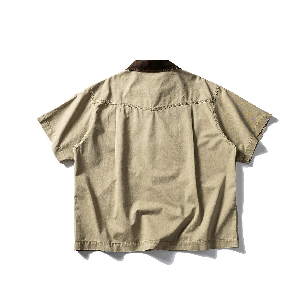 Washed cotton overalls shirt with short sleeves in khaki colour, loose fit for teenage casual wear