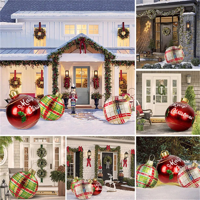 Large red and white striped inflatable Christmas ball ornament hanging on an outdoor tree