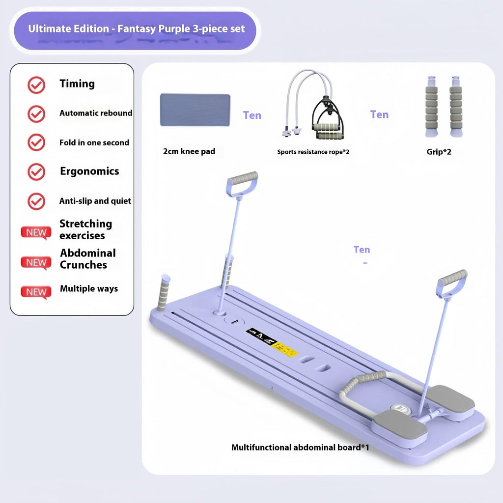 Multi-functional fitness board in standard purple with automatic rebound abdominal wheel for full body home exercise