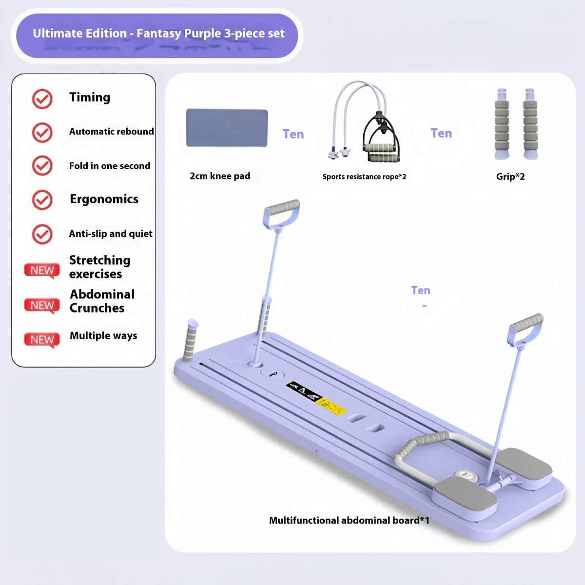 Multi-functional fitness board in standard purple with automatic rebound abdominal wheel for full body home exercise