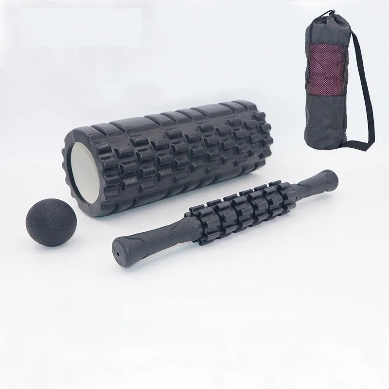 Black foam massage roller stick with six segmented gear design, 33cm length