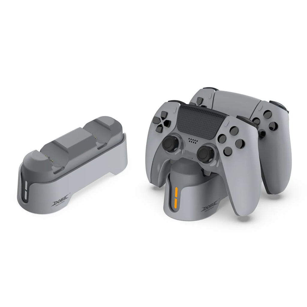 Gray PS5 dual-seat gamepad charger with display light and TYPE-C interface on a desk