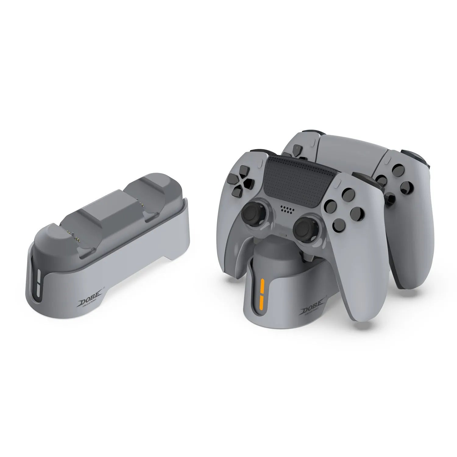 Gray PS5 dual-seat gamepad charger with display light and TYPE-C interface on a desk