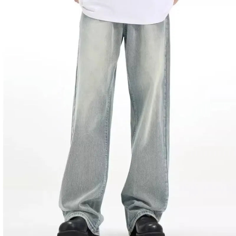Blue retro casual trousers with elastic waistband and loose fit