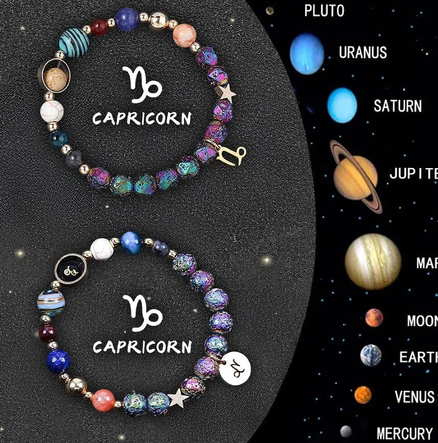 Natural stone beaded bracelet showing an adjustable strap with a zodiac charm, available in twelve astrological sign styles.