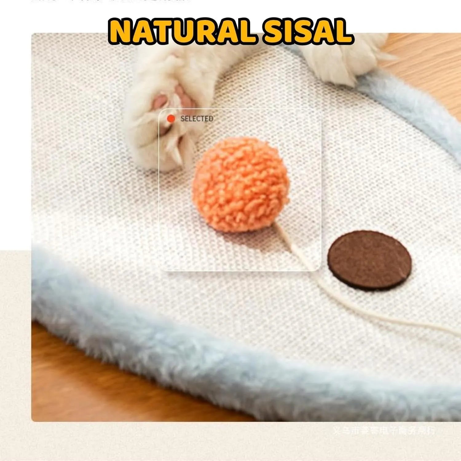 White cat scratching mat with cartoon sleeping cat design, made from natural sisal, shown on a wall.