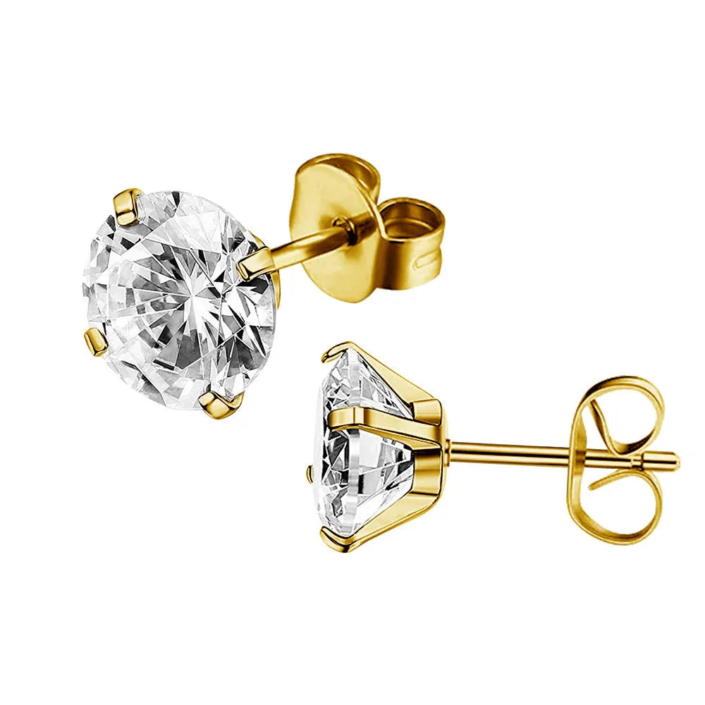 Titanium steel geometric zircon stud earrings in round and square designs with gold and steel colour options