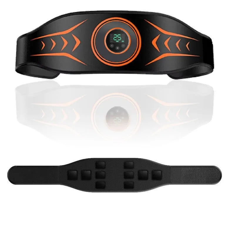 Rechargeable EMS abdominal training belt with extension strap and arm stickers for muscle stimulation