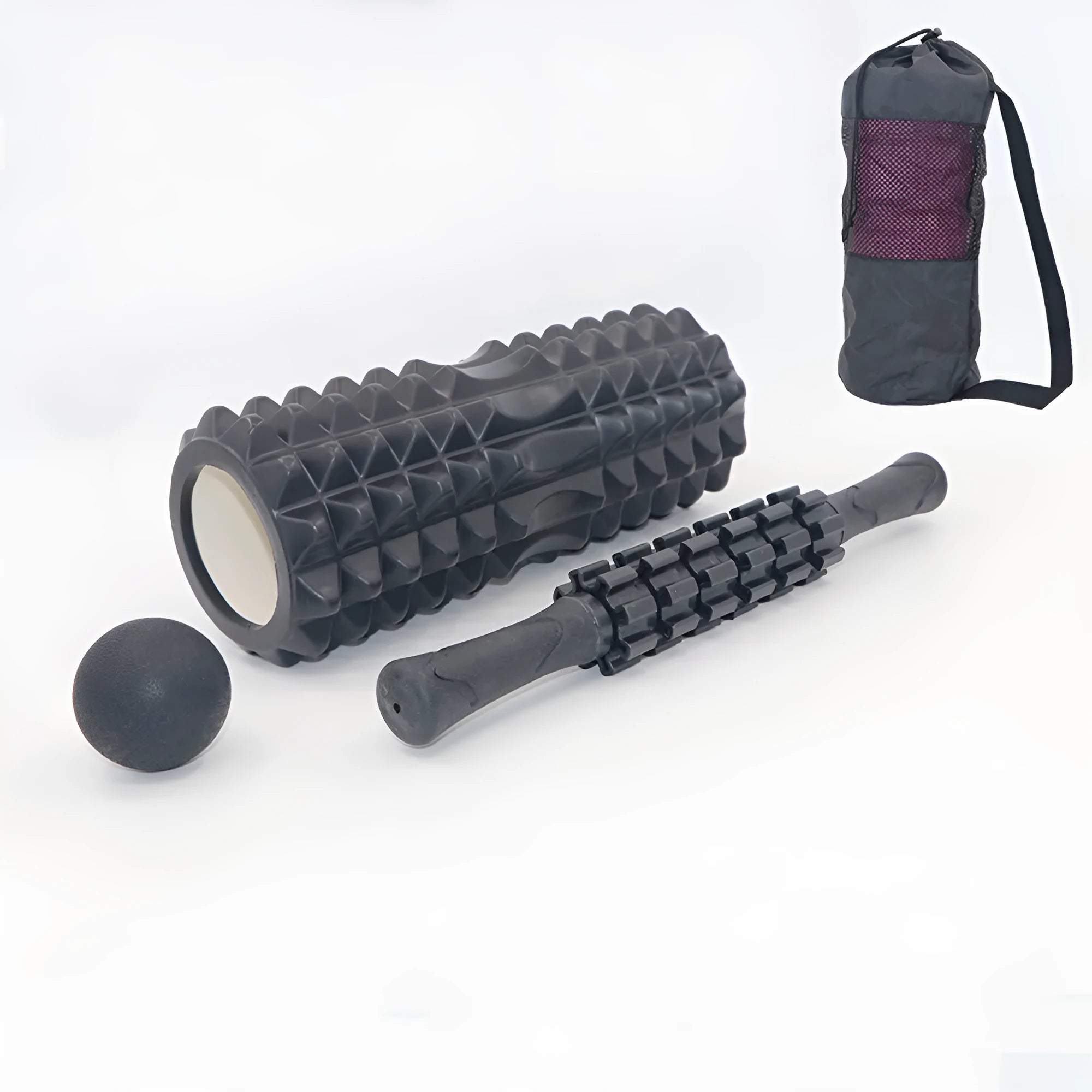 Black foam massage roller stick with six segmented gear design, 33cm length
