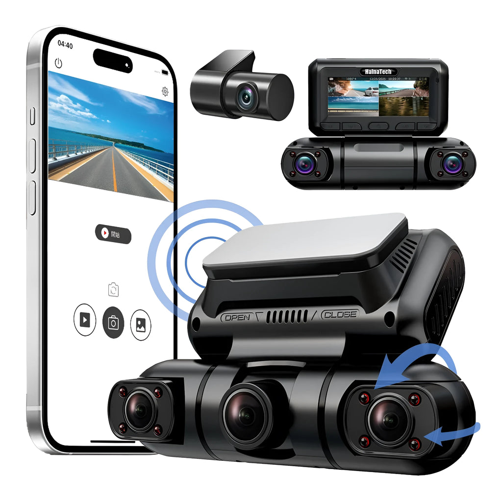 Hainatech 4 channel dash camera with 360 degree view, GPS, WiFi, night vision, and 128G memory card in black