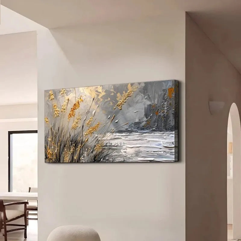 Hand painted abstract landscape oil painting lake reed beds horizontal canvas contemporary wall art