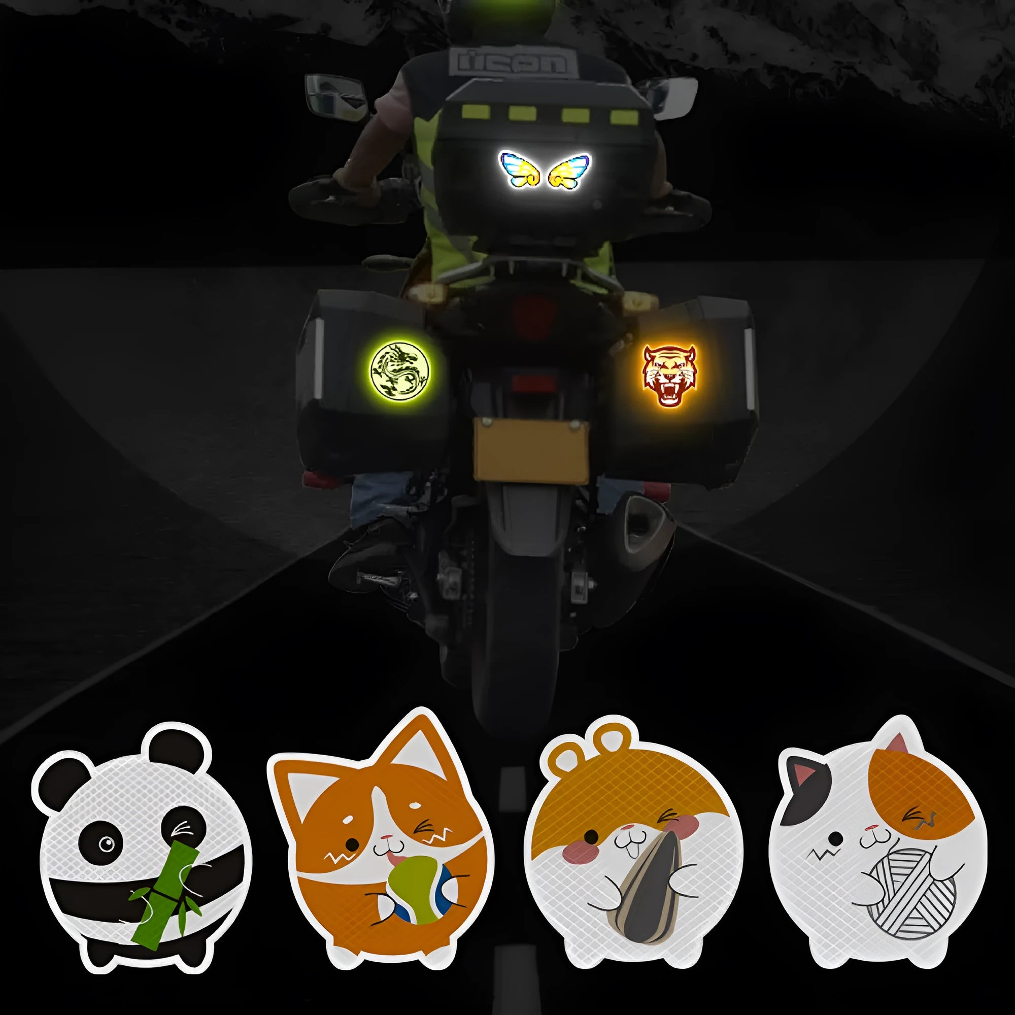 A pair of diamond-grade reflective warning stickers for vehicles, measuring 9 by 5 centimetres, showing one of 22 available graphic designs.
