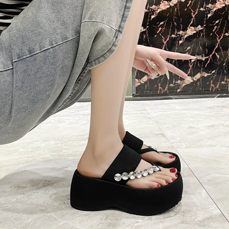Women's black satin thick-soled flip-flops with rhinestone detail, round head, rubber sole, size 34-40