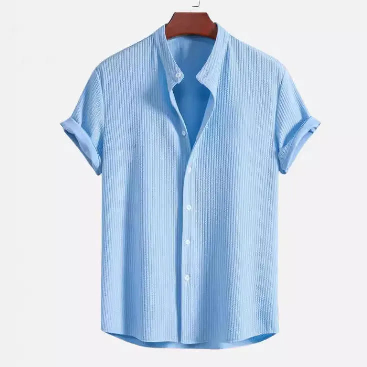 Men's loose fit short sleeve polyester shirt in multiple colour options including wine red, dark green and light blue