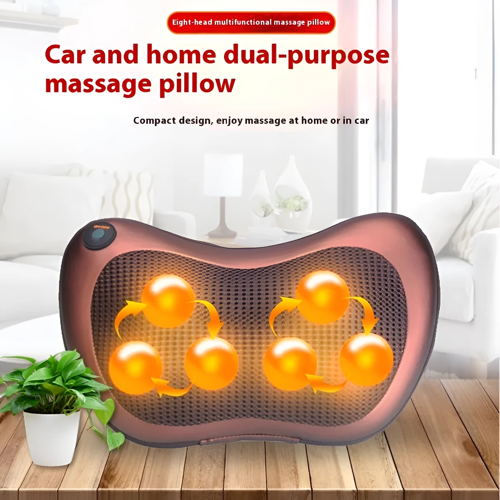 Brown genuine leather massage pillow with 8 heads for neck and shoulder relief
