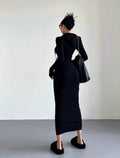 Women's sheath over-the-knee dress in dark gray with hooded long sleeves and high waist