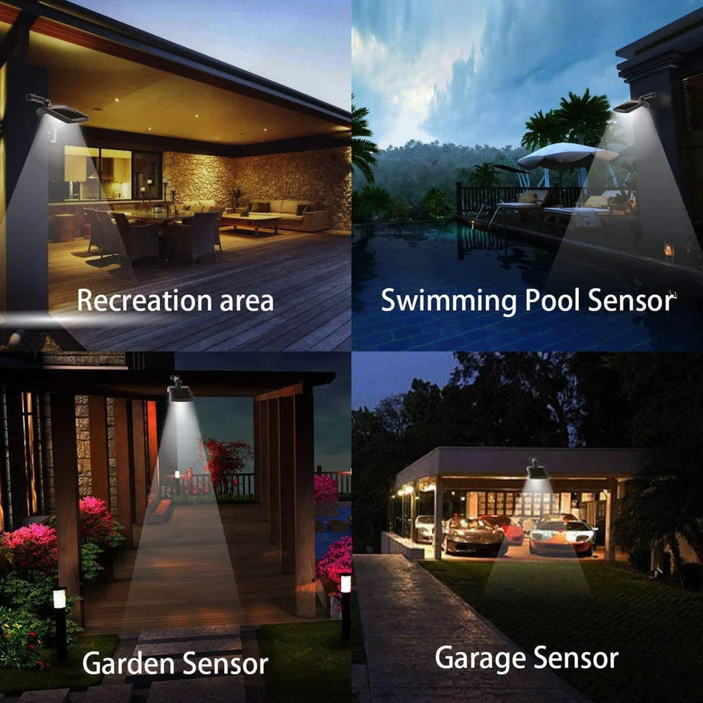 Black solar-powered outdoor wall light with 36 LEDs, a large motion sensor, and an adjustable mounting pole.