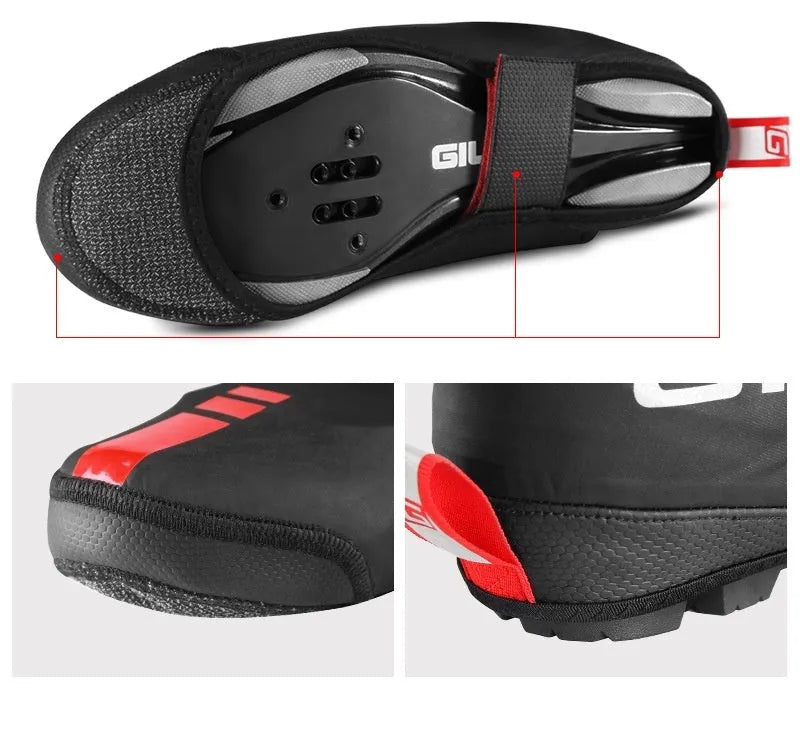 Giyo black cycling waterproof shoe covers with Kevlar and PU construction on a road bike