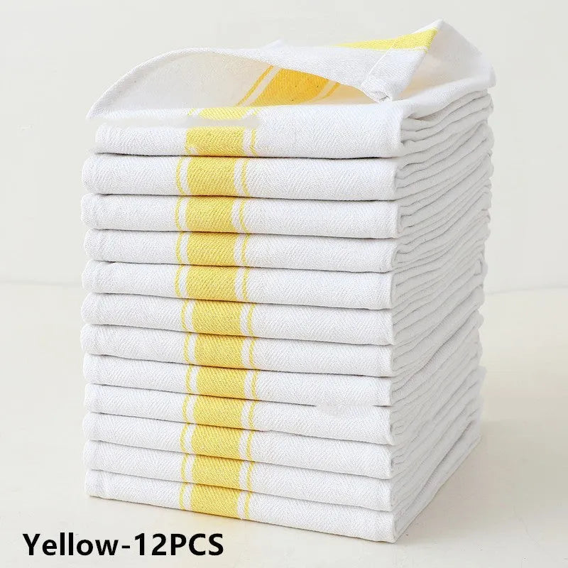 Twelve cotton dishwashing towels with striped pattern measuring 48x70cm in various colour options