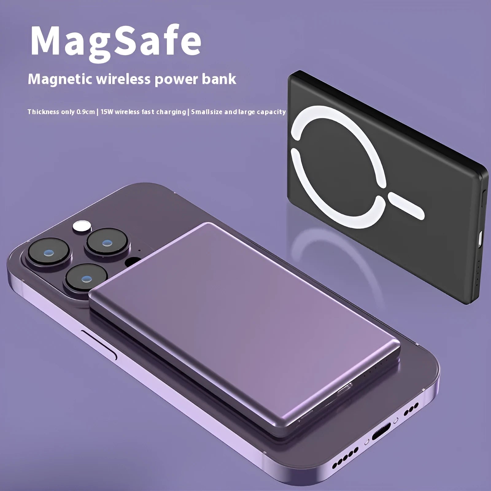 Ultra-thin 9mm magnetic power bank in dark grey, silver, black, or violet with alloy shell.