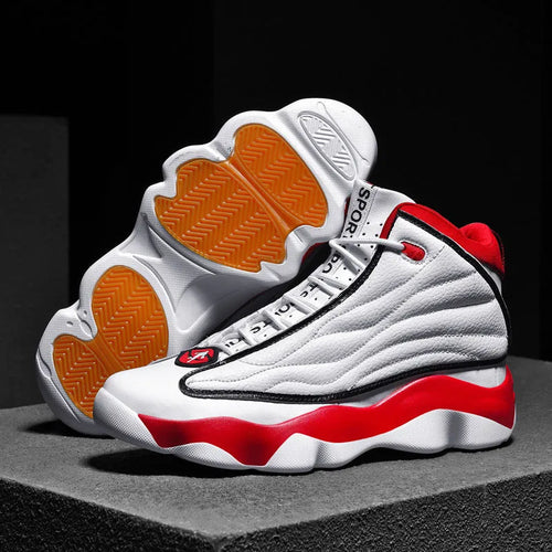 High-top basketball shoes with thick rubber soles and mesh uppers in AJ13 white red colourway