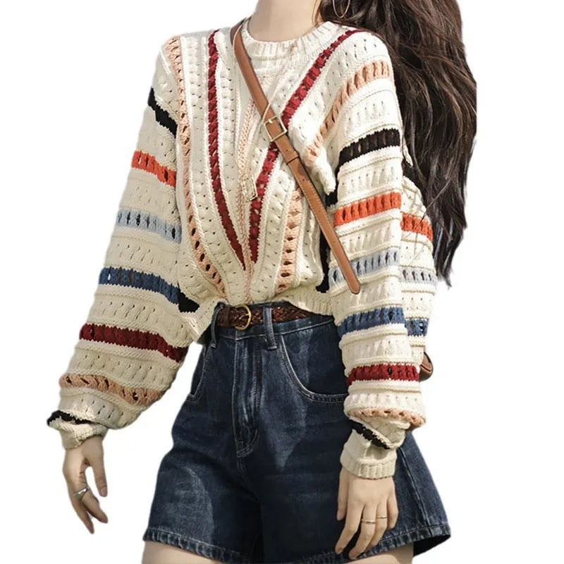 Rainbow striped loose fit sweater with batwing sleeves and round neck in retro colours