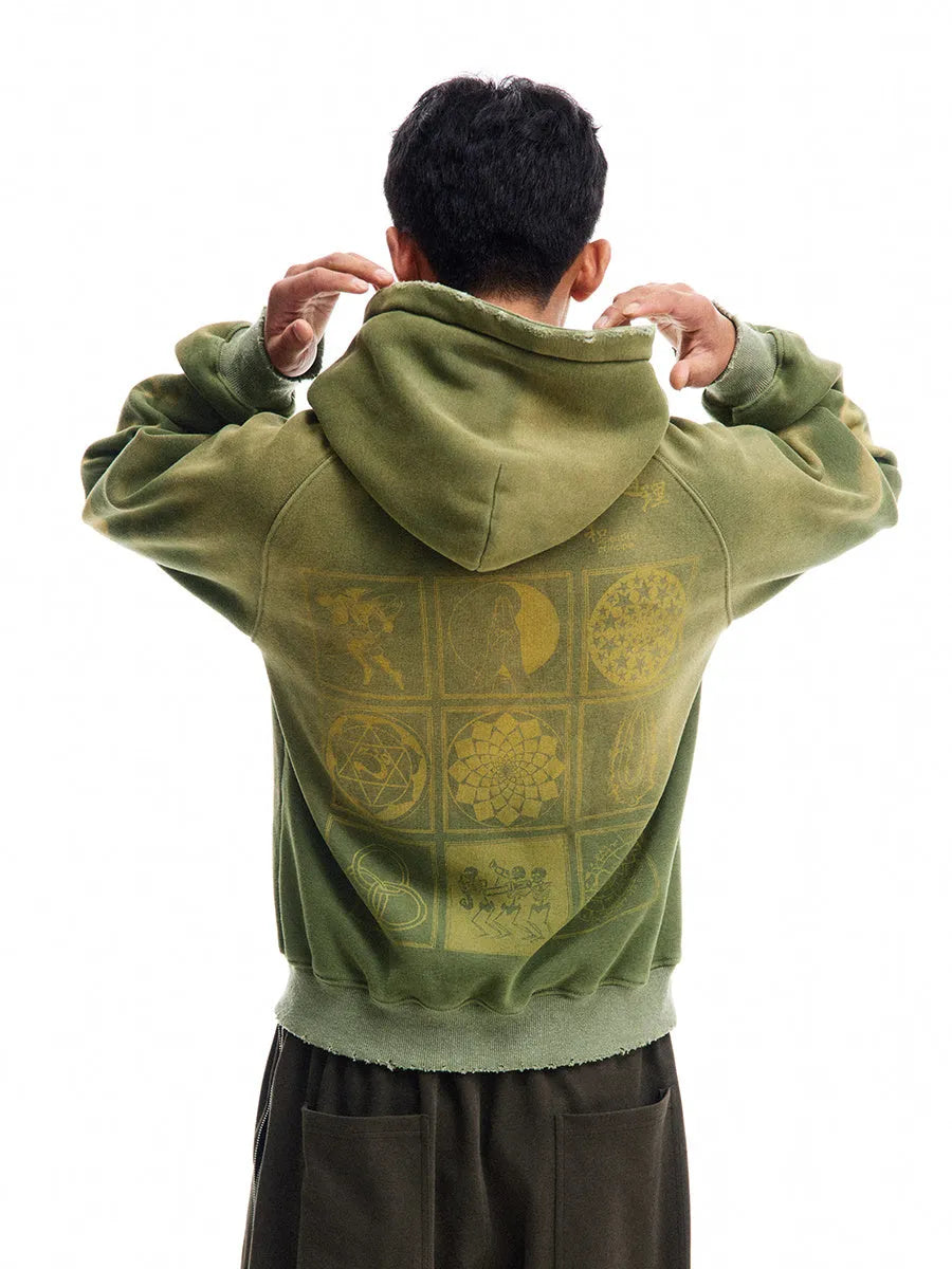 Green loose-fit hooded velvet cardigan with long sleeves, front view, featuring Science And Reason Buddha print
