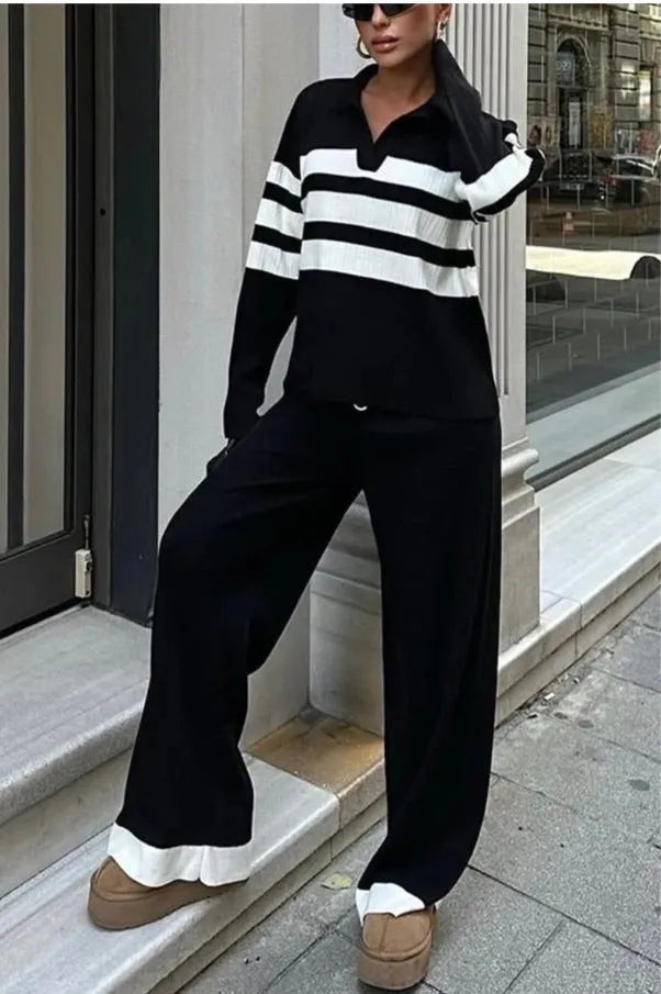 Women's casual two-piece set with polo collar, long sleeves, striped knit, in black and white, polyester fabric