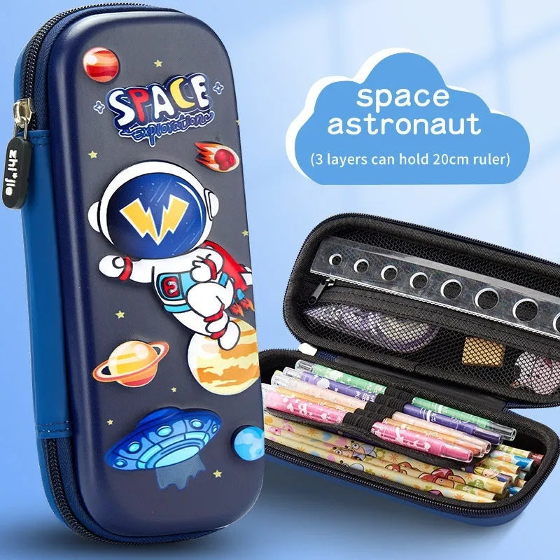 3D leather pencil case with astronaut pattern design showing textured surface and structured box shape