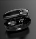 Black and white wireless Bluetooth in-ear headphones with a compact USB-C charging case.