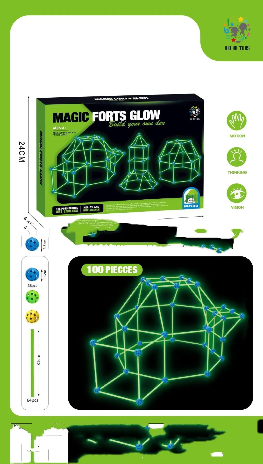 Luminous plastic fort building kit for kids with glowing sticks, balls, and fabric tent