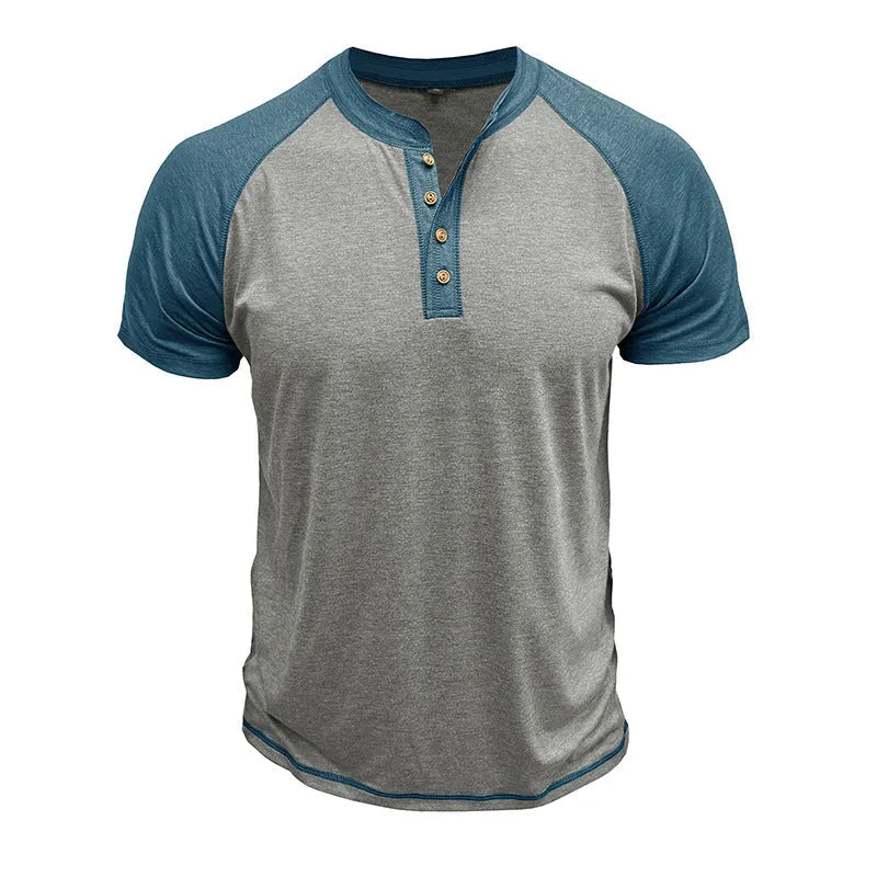 Men's short sleeve colour block pullover top with raglan sleeves on a mannequin.