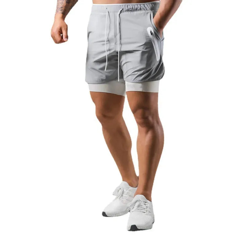 Men's double layer running casual shorts in light slate green with built-in lining