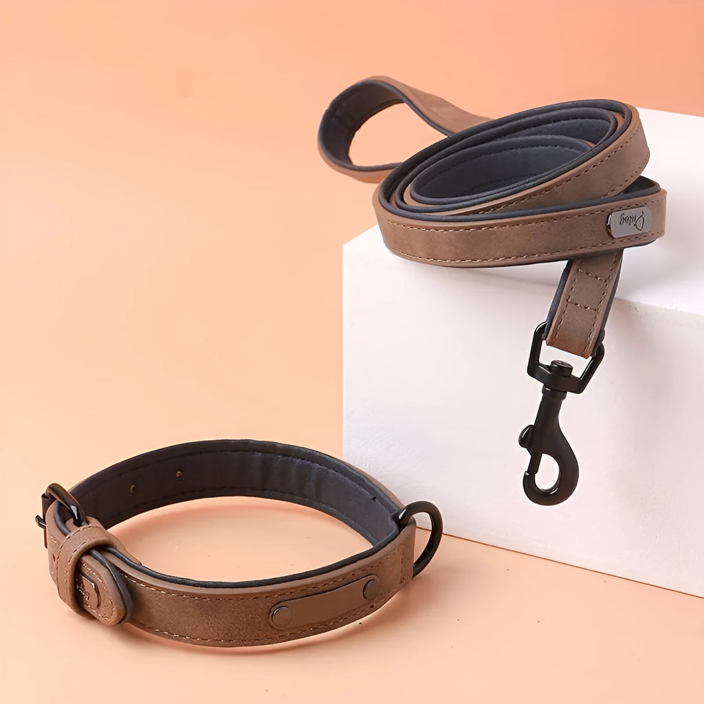 Adjustable dog collar showing double-layer construction with PU front and microfiber back in multiple colour options