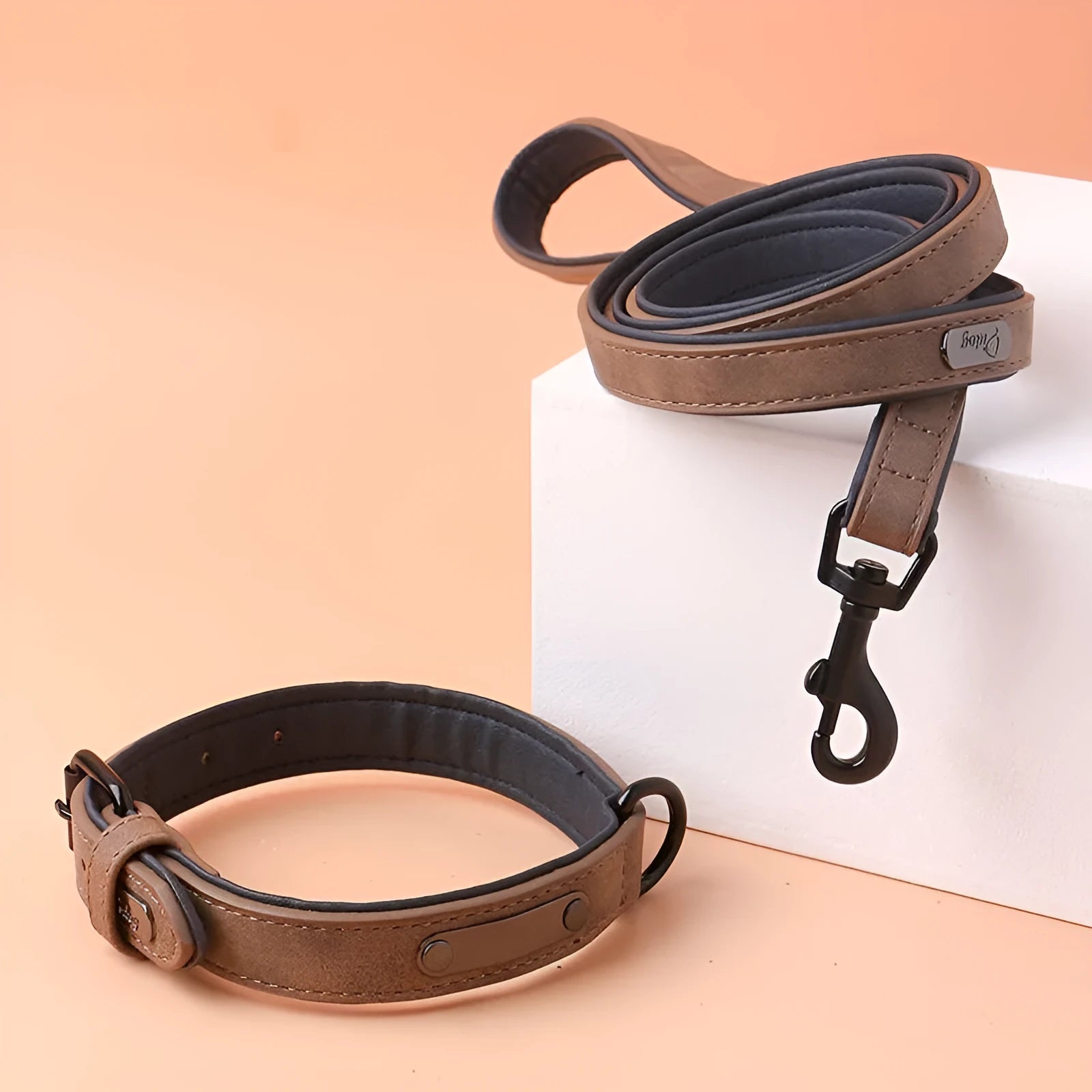Adjustable dog collar showing double-layer construction with PU front and microfiber back in multiple colour options