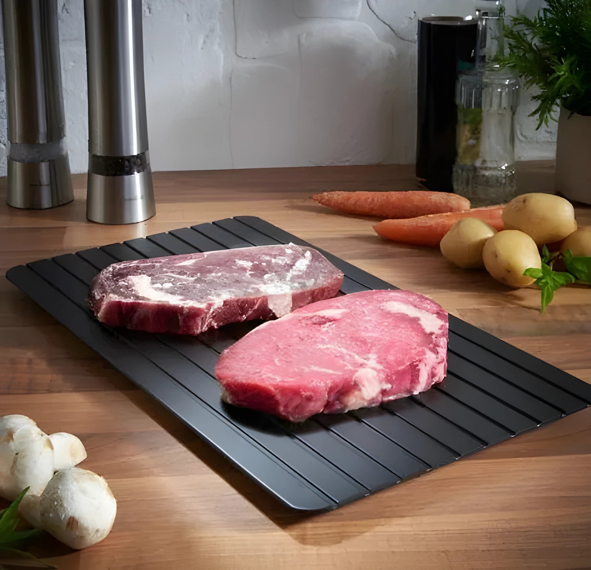 Black aluminium quick defrosting tray for thawing meat and frozen food without electricity.