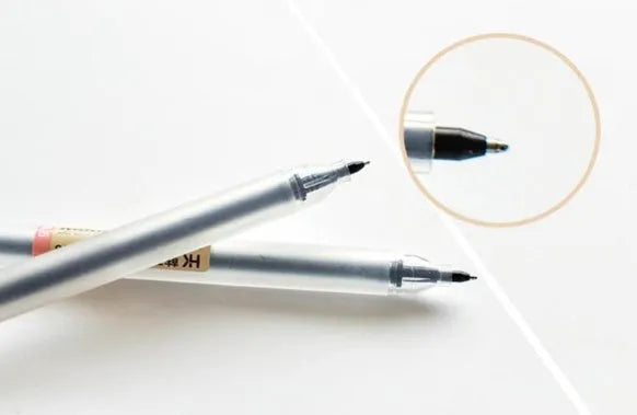 Muji 12-piece gel pen set showing fine 0.5mm tips and ink prevention mechanism