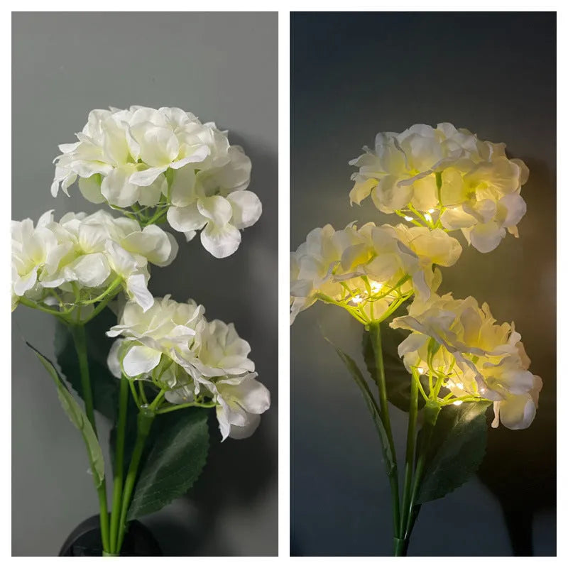 Solar hydrangea garden lights with plant modelling in outdoor setting showing colour variations