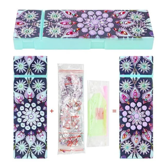 DIY diamond painting kit for making a personalised PU leather pencil case or wrist bag with resin sequins.