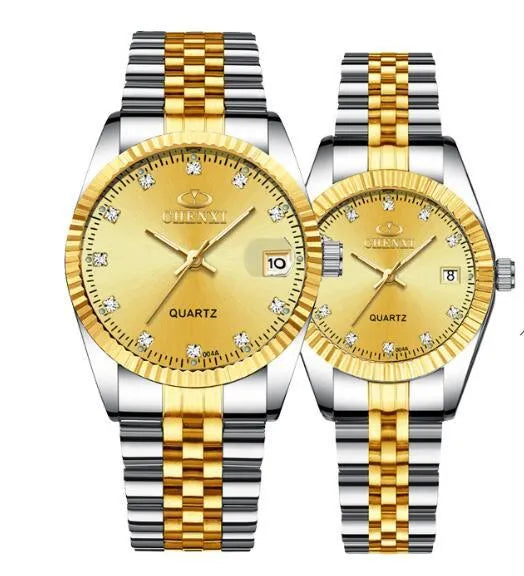Gold men's quartz wristwatch with stainless steel strap and mineral glass display on a white surface