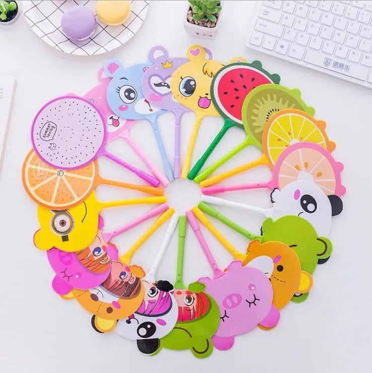 Promotional plastic fan pen with novelty character refills including kitten and unicorn designs