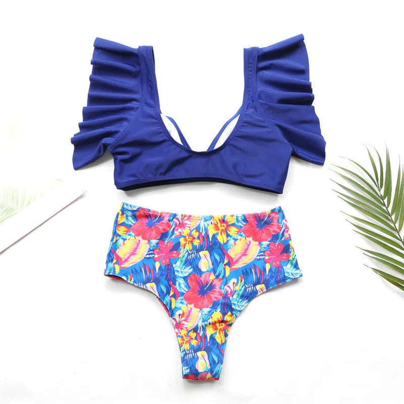 Women's two-piece swimsuit set in polyester, available in blue, red, and yellow colours