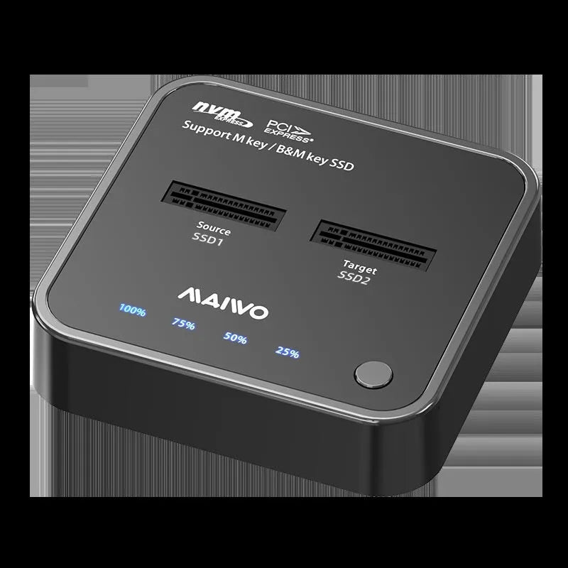 MAIWO K3016 M.2 SSD hard disk docking station with data cables and power adapter on a desk.