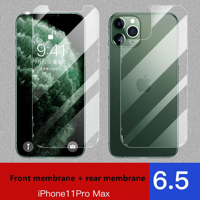 Tempered glass screen protector for Apple iPhone with rear and front film options.
