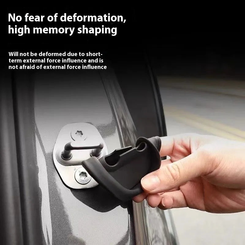Black silicone car door lock crash pad measuring 8.6cm by 7cm on a car door