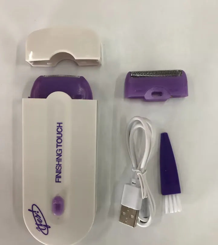 Black rechargeable electric hair remover with Sensa-Light head, trimmer head, foil head, USB cable and cleaning brush.