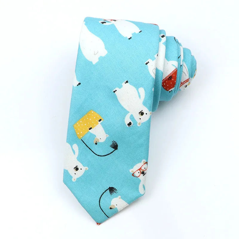 Narrow Korean style cotton bow tie with a printed cartoon pattern in various colours.
