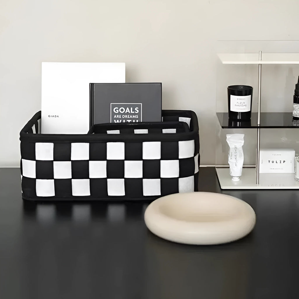 Grey checkerboard patterned felt storage basket with folded sides, showing its 37cm length.